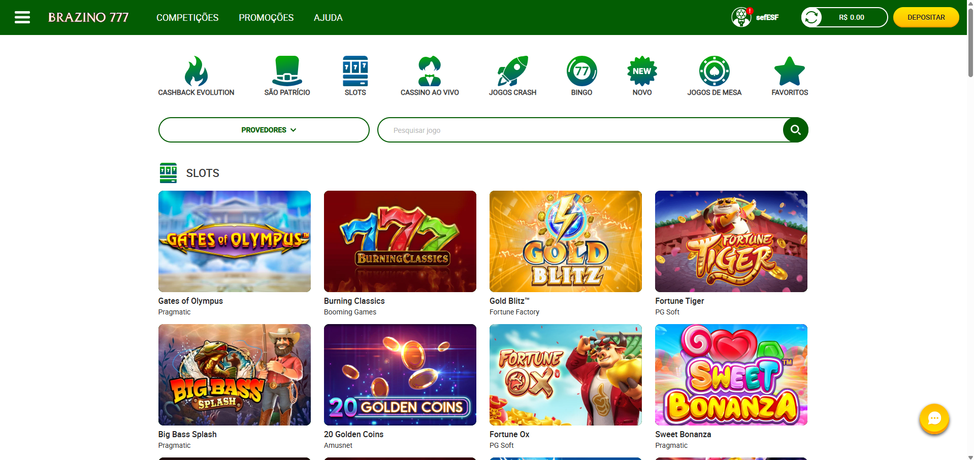 Interface do Cassino Brazino777 mostrando Fortune Tiger e outros jogos